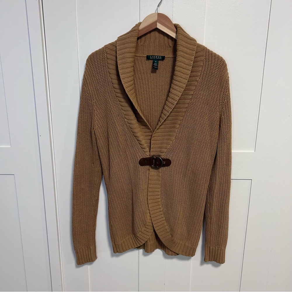 Lauren Ralph Lauren cotton blend camel buckle cardigan medium